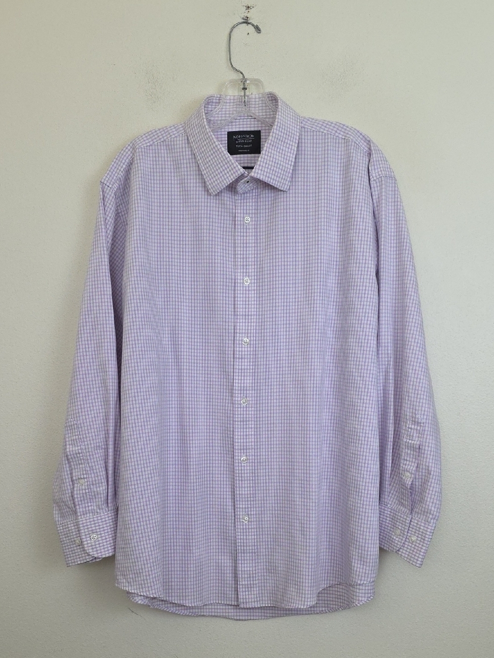 Nordstrom Mens Shop Tech Smart Purple & White Plaid Long Sleeve Shirt 32-33 17